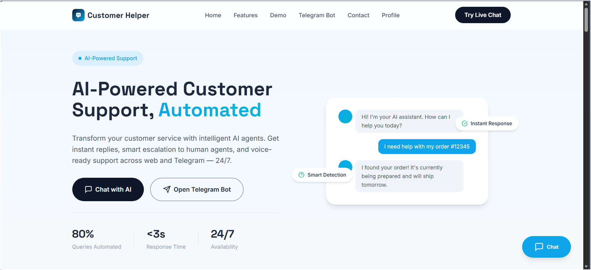 AI Customer Support website screenshot